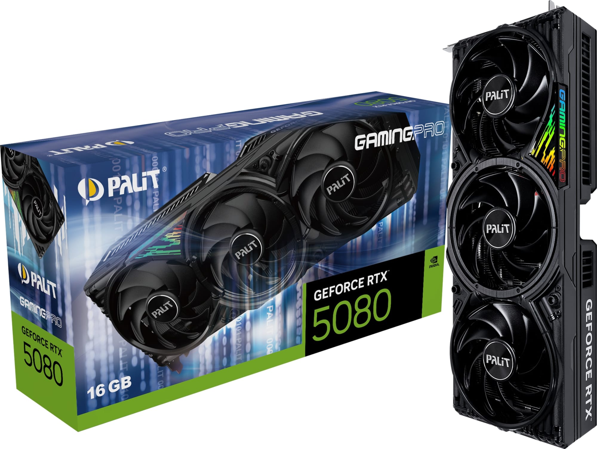An image of a Palit GeForce RTX 5080 graphics card with its retail box.