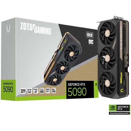 An image of a Zotac GeForce RTX 5090 graphics card with its retail box.