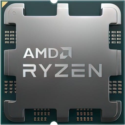 A rendered image of an AMD Ryzen processor, showing the spider-like heatsink design.