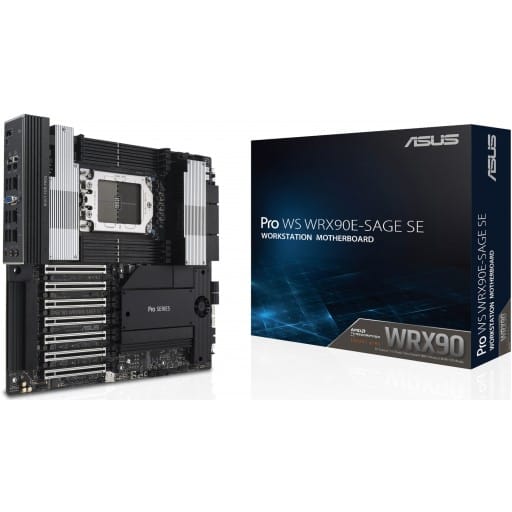 An image of an ASUS workstation motherboard for the Threadripper Pro CPUs, with its retail box.