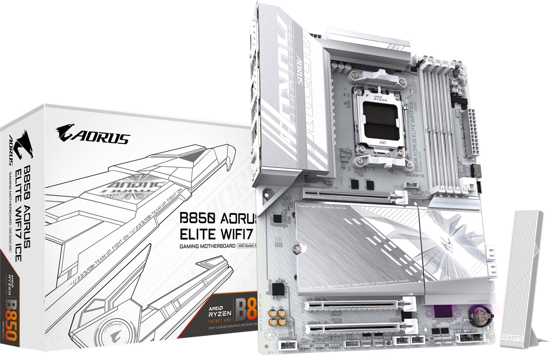 An image of a Gigabyte motherboard for AMD Ryzen processors, with its retail box and WiFi antenna.