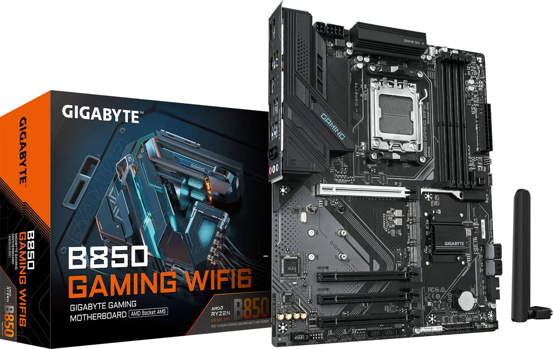 An image of a Gigabyte motherboard for AMD Ryzen CPUs, with removable WiFi antenna and retail box.
