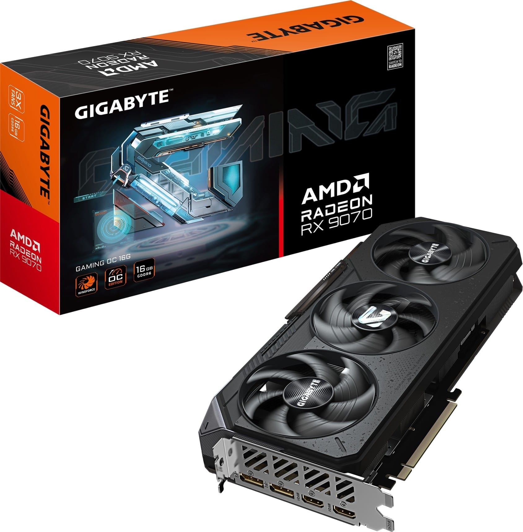 An image of a Gigabyte Radeon RX 9070 graphics card along with its retail packaging.