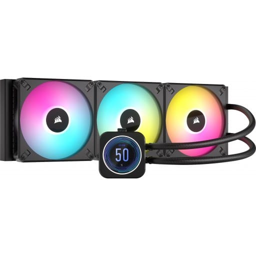 A rendered image of a Corsair all-in-one CPU liquid cooler, which includes a radiator, hoses, and pump.