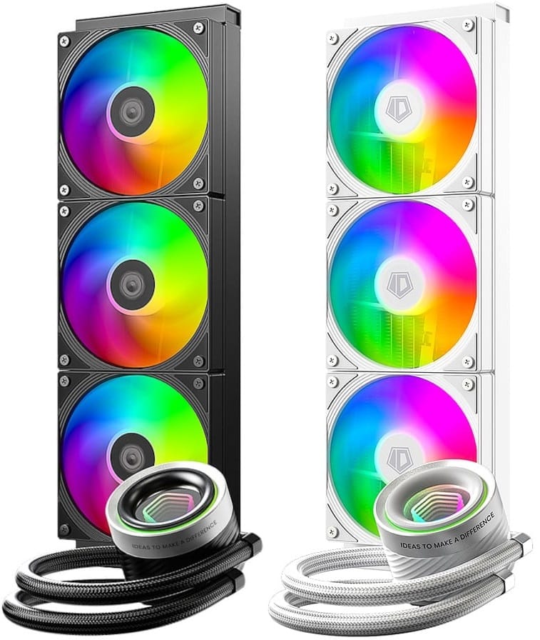 An image of two versions of the same liquid CPU cooler from ID-Cooling, one in black and one in white.