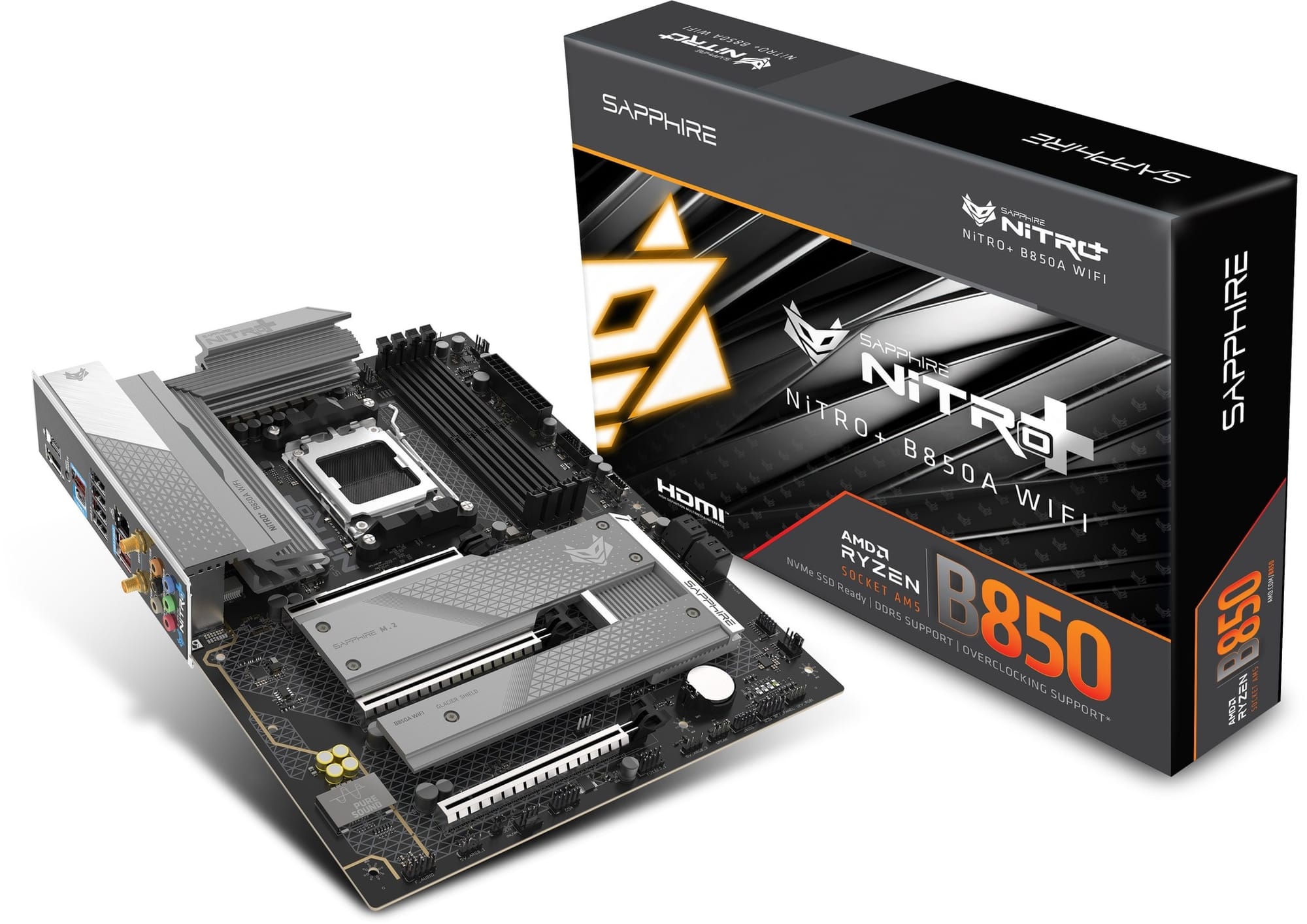 A rendered image of a Sapphire Nitro Plus B850 motherboard with its retail box packaging.