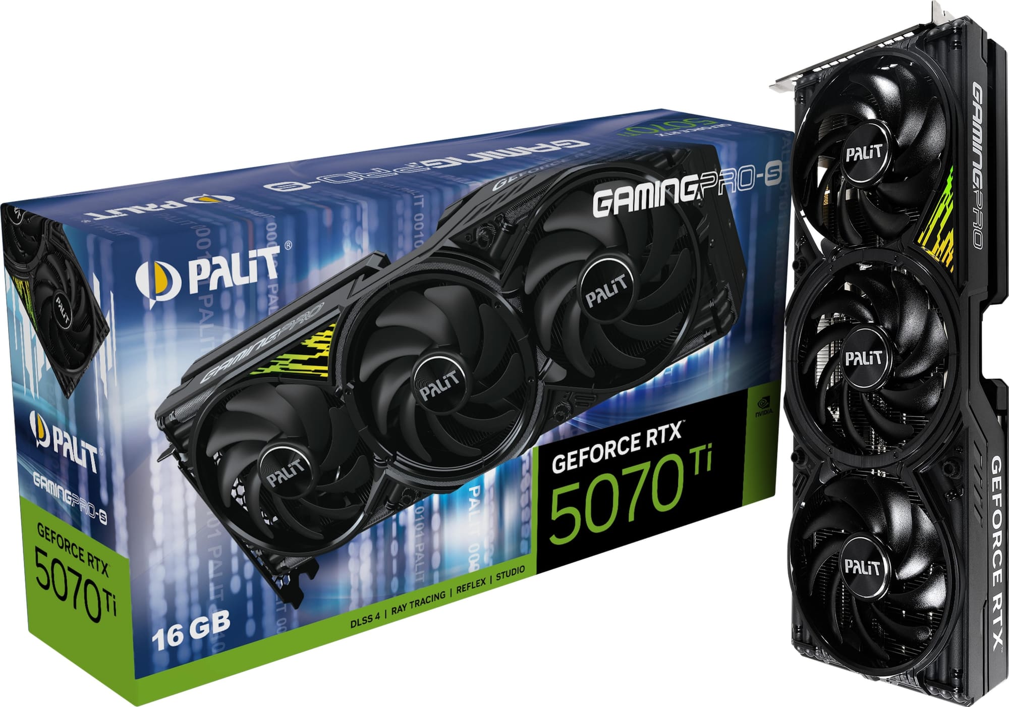 An image of a graphics card from palit, with a black cooler, and its retail box.