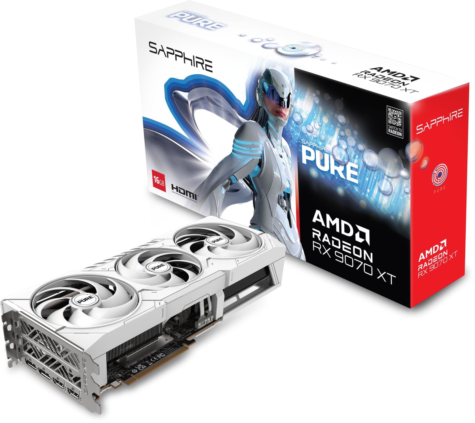 An image of a Sapphire AMD graphics card with a white cooler, and its retail box.