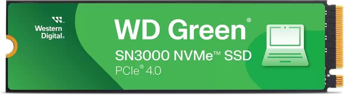 An image of a solid state drive made by Western Digital. This one has a green-coloured heatspreader.