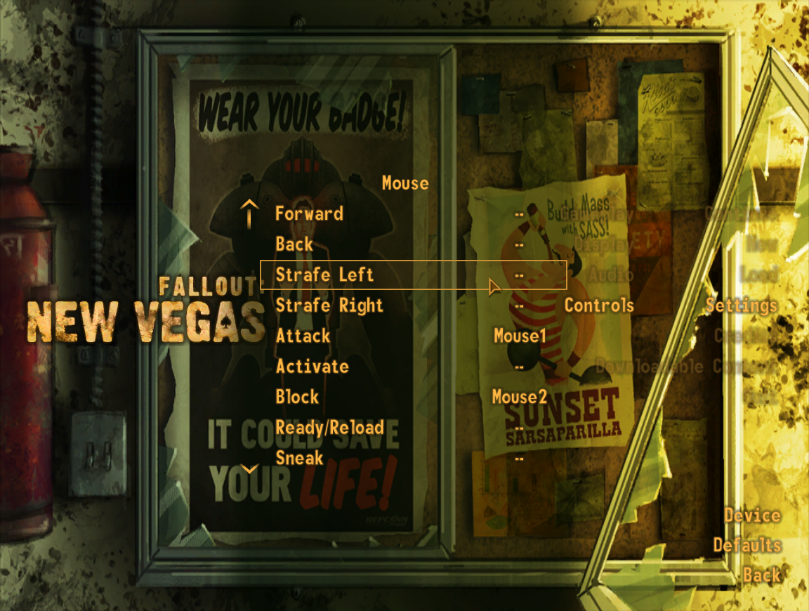 A screenshot of the settings for the mouse inside Fallout New Vegas.