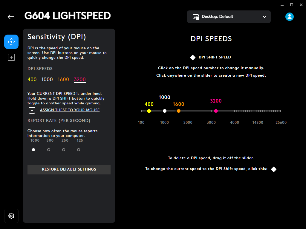A screenshot of the menu in Logitech G Hub to control mouse settings.