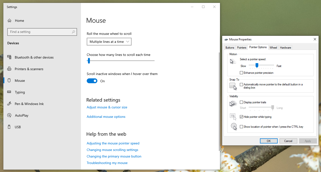 A screenshot of the menus in Windows 10 to control the mouse pointer behaviour.