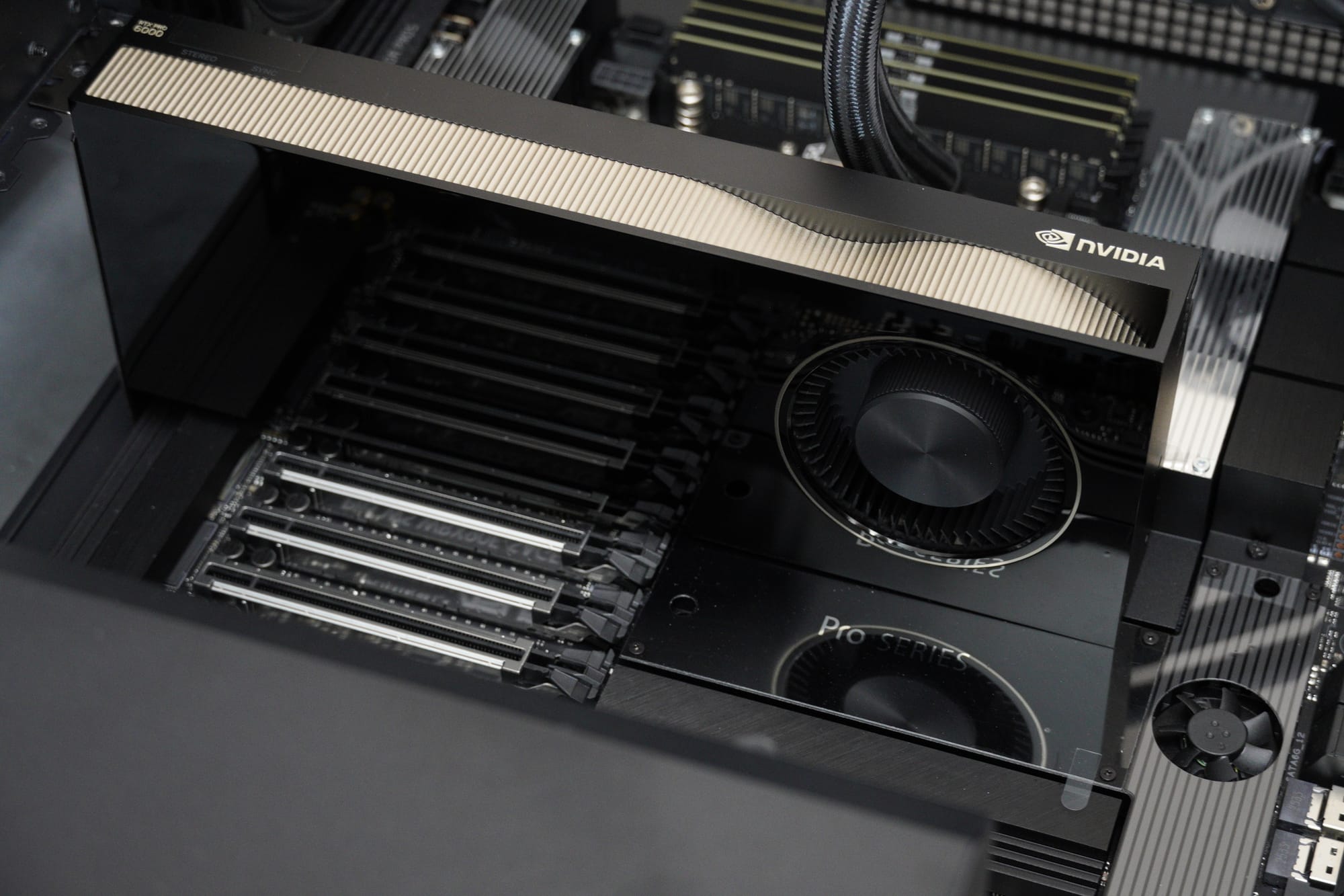 One of the three PNY RTX PRO 6000 Blackwell workstation GPUs, studio photography