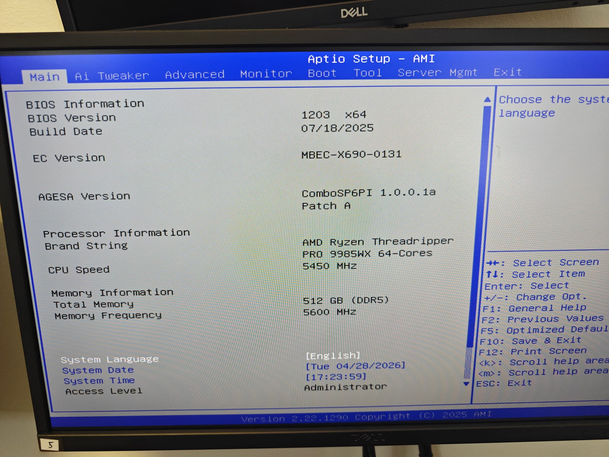 First power-on: BIOS posting, Threadripper detected, all 512GB of ECC memory initialised