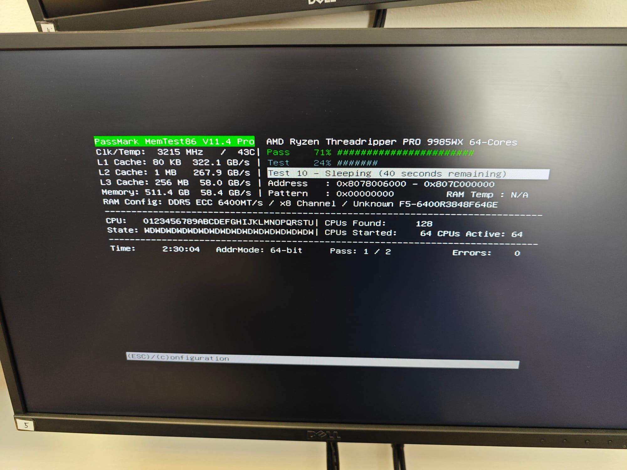 MemTest86 running through the 512GB DDR5-6400 ECC memory — 2.5 hours in with zero errors