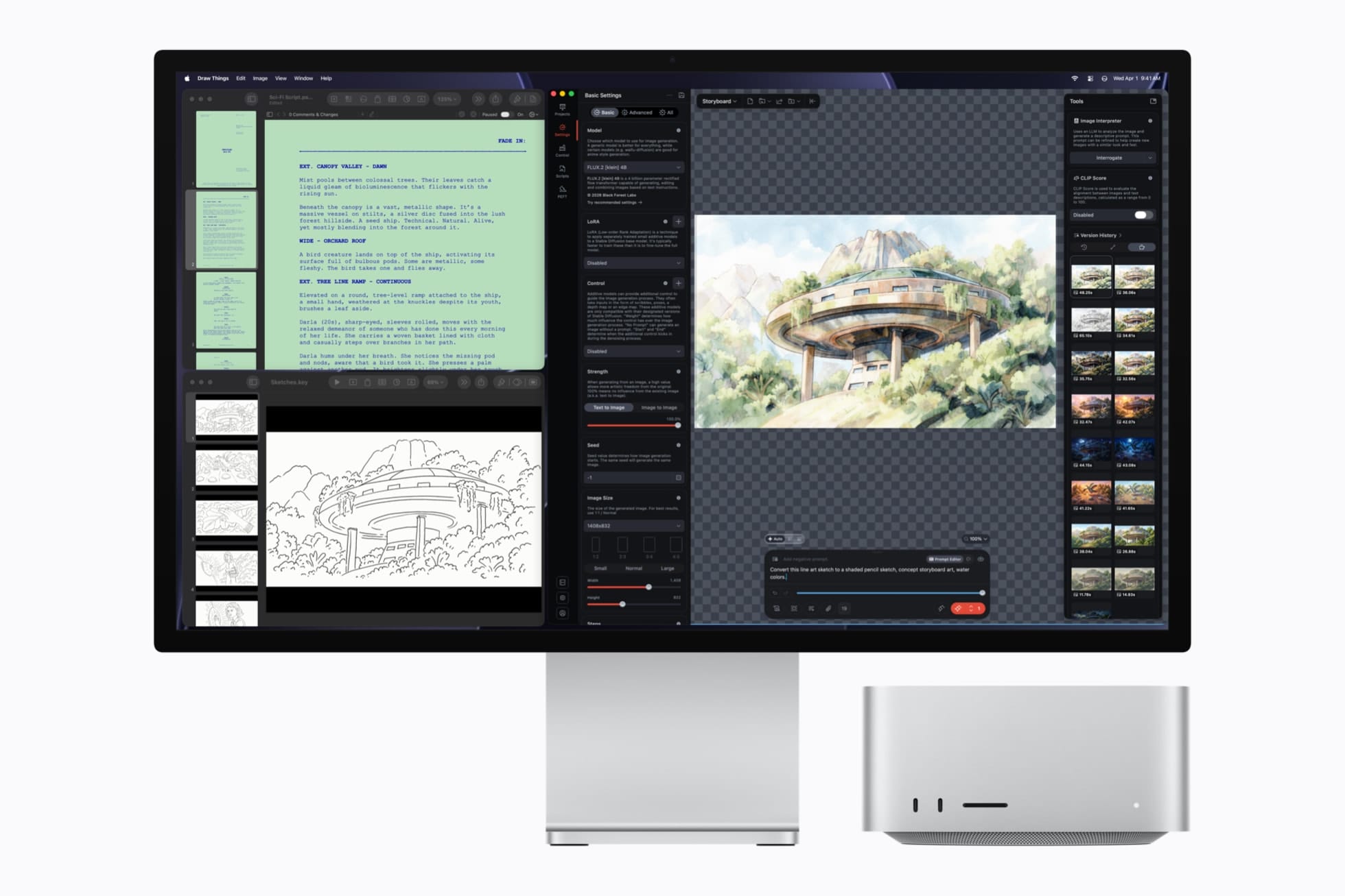 Mac Studio running an on-device AI image-generation workflow. Image: Apple.