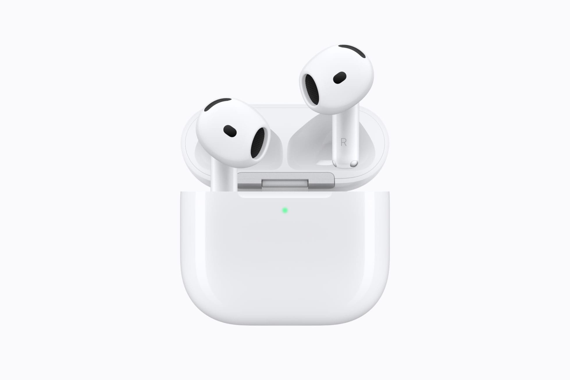 White AirPods 5 with an open charging case.