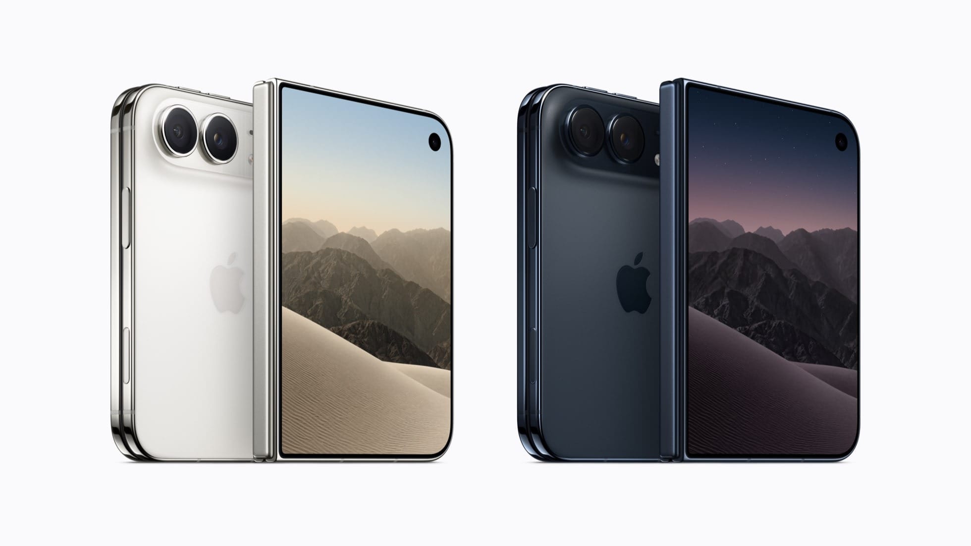 iPhone Duo in Star White and Night Sky, showing its folding design.