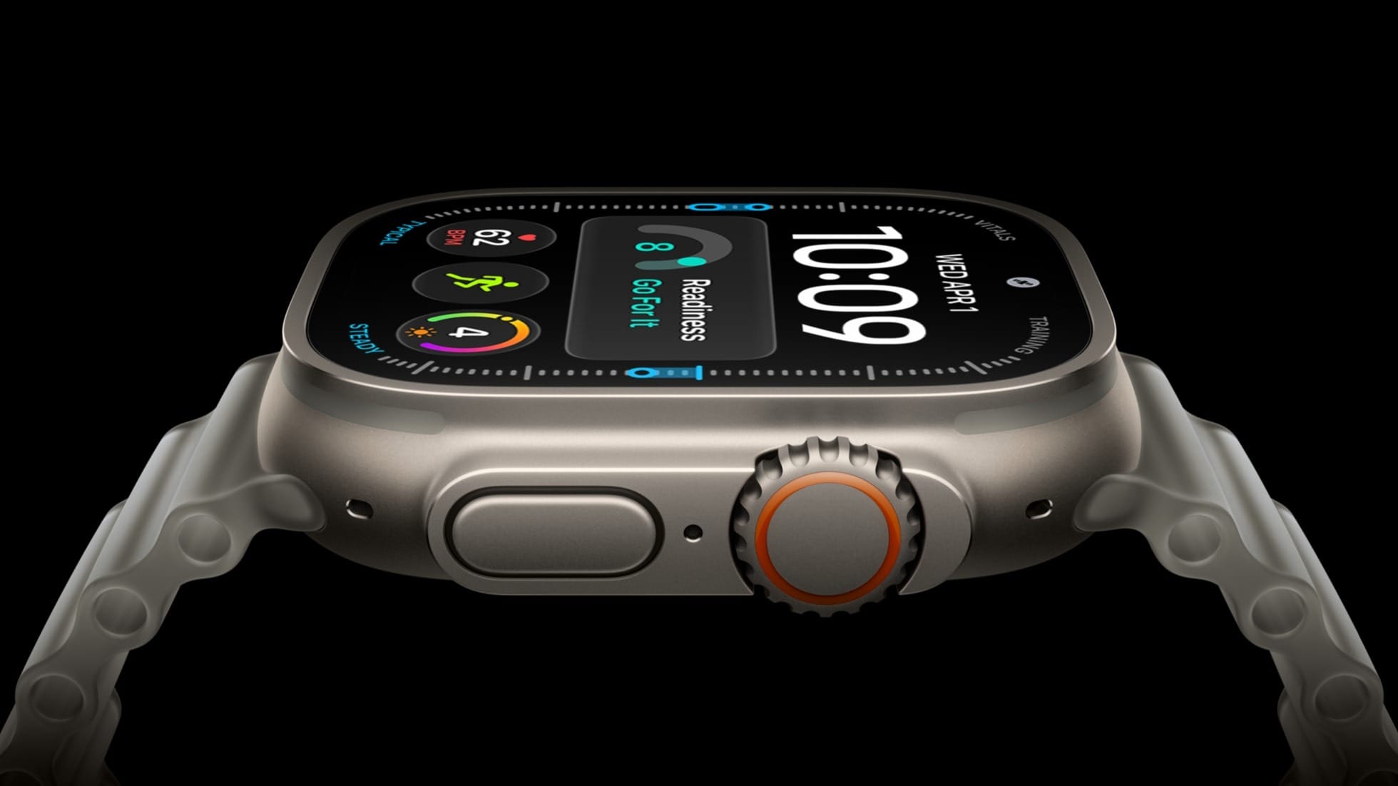 Angled close-up of Apple Watch Ultra 4 in natural titanium.