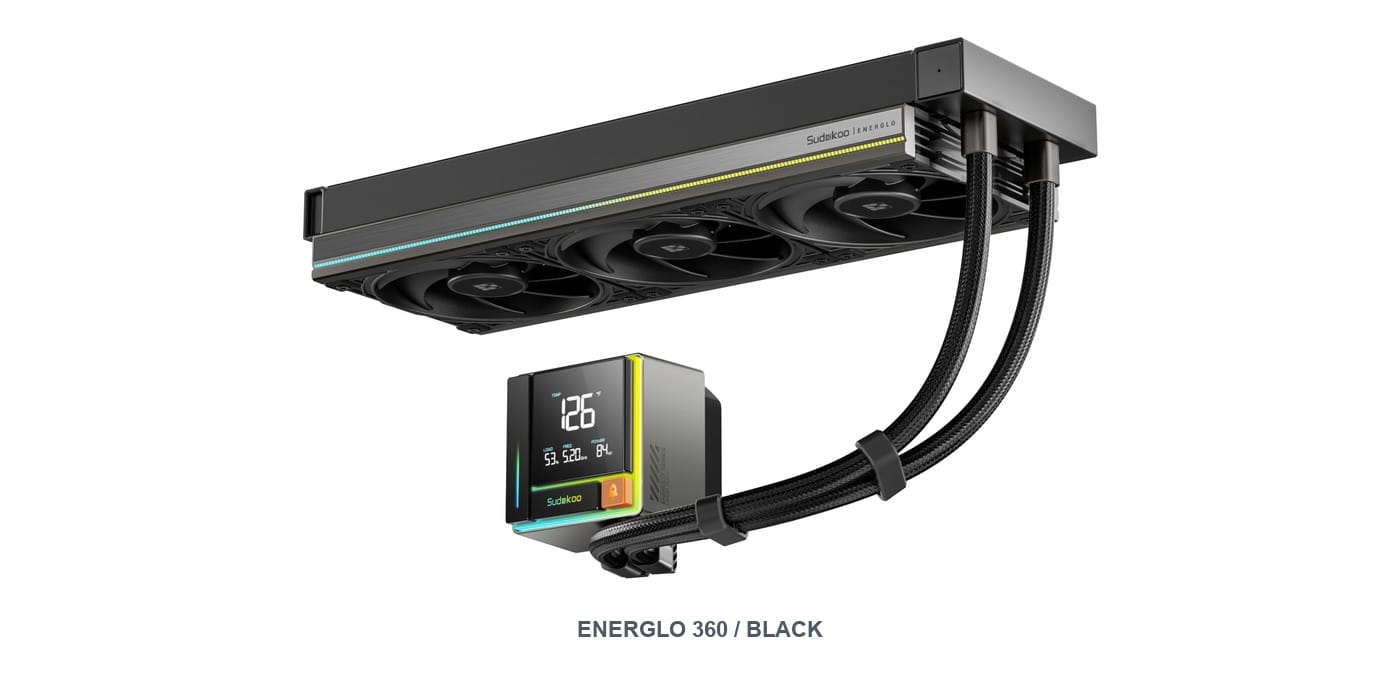 Black Sudokoo ENERGLO 360 liquid CPU cooler with a segmented pump display and side-mounted RGB lightbar