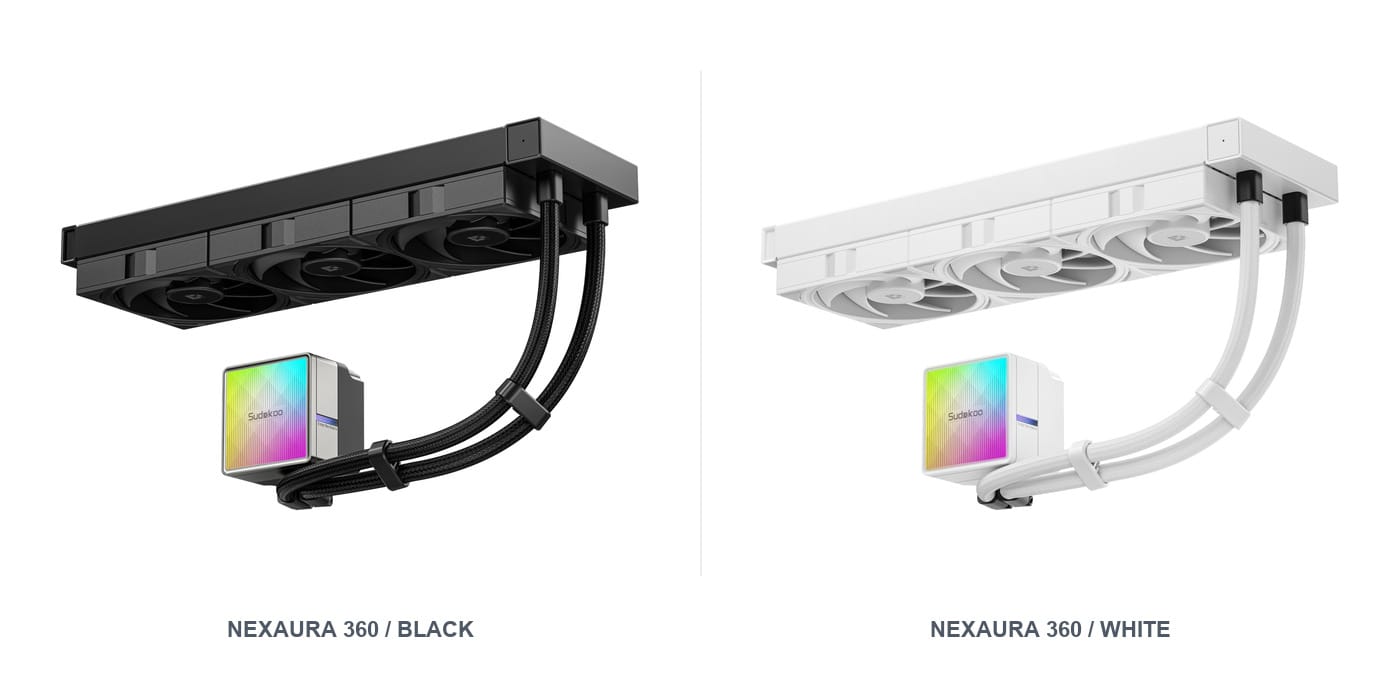 Sudokoo NEXAURA 360 liquid CPU cooler in black and white, with three radiator fans and an illuminated pump cap
