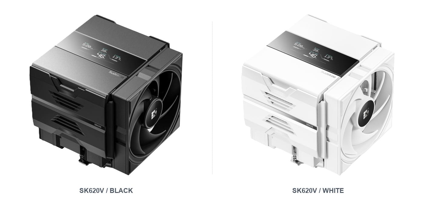 Black and white Sudokoo SK620V dual-tower CPU coolers with digital monitoring displays
