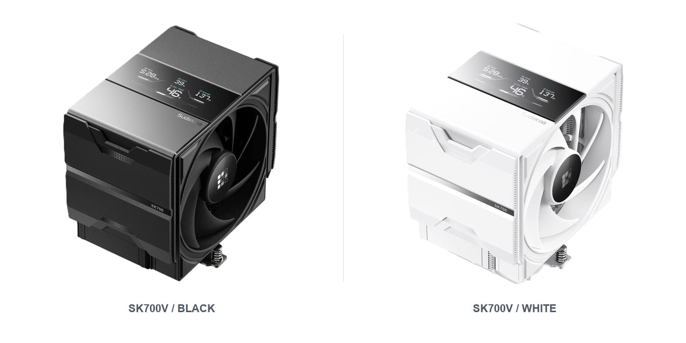 Sudokoo SK700V air cooler in black and white, showing the fan and top-mounted digital display