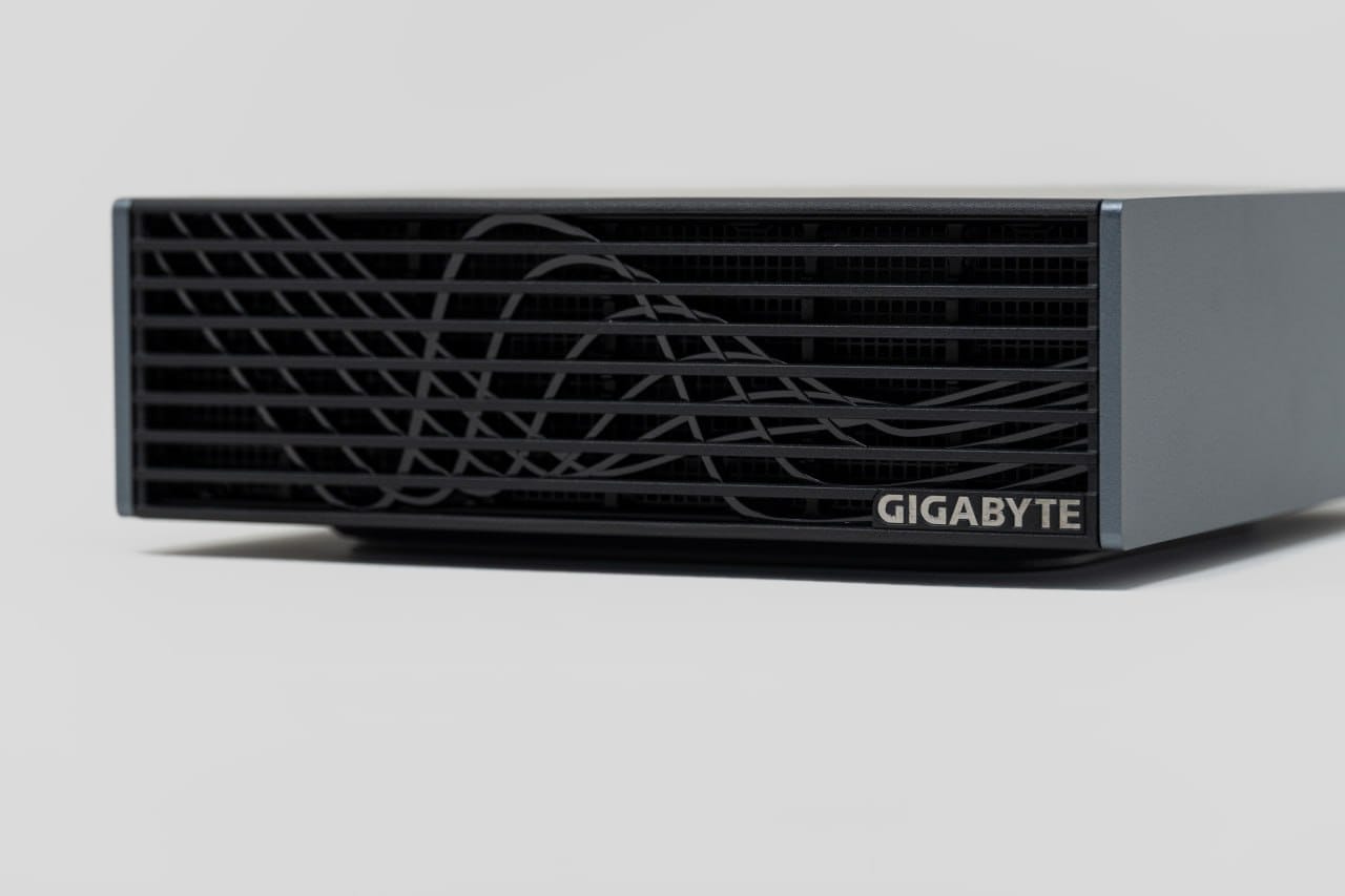 Front view of one GIGABYTE AI TOP ATOM compact AI system