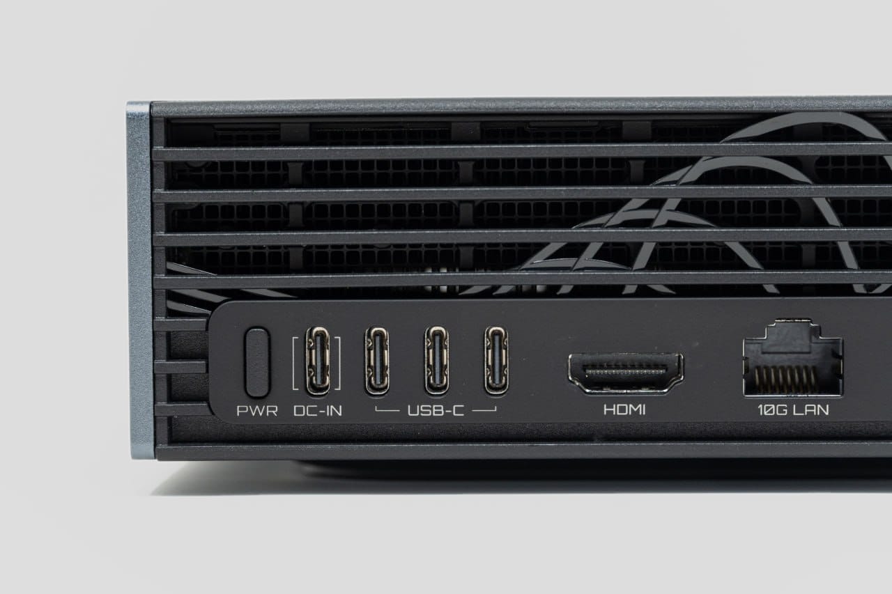 Close view of GIGABYTE AI TOP ATOM rear ports including USB-C, HDMI and 10G LAN