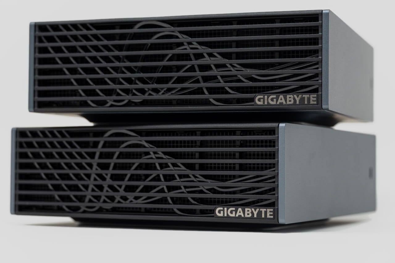 Front view of two stacked GIGABYTE AI TOP ATOM systems