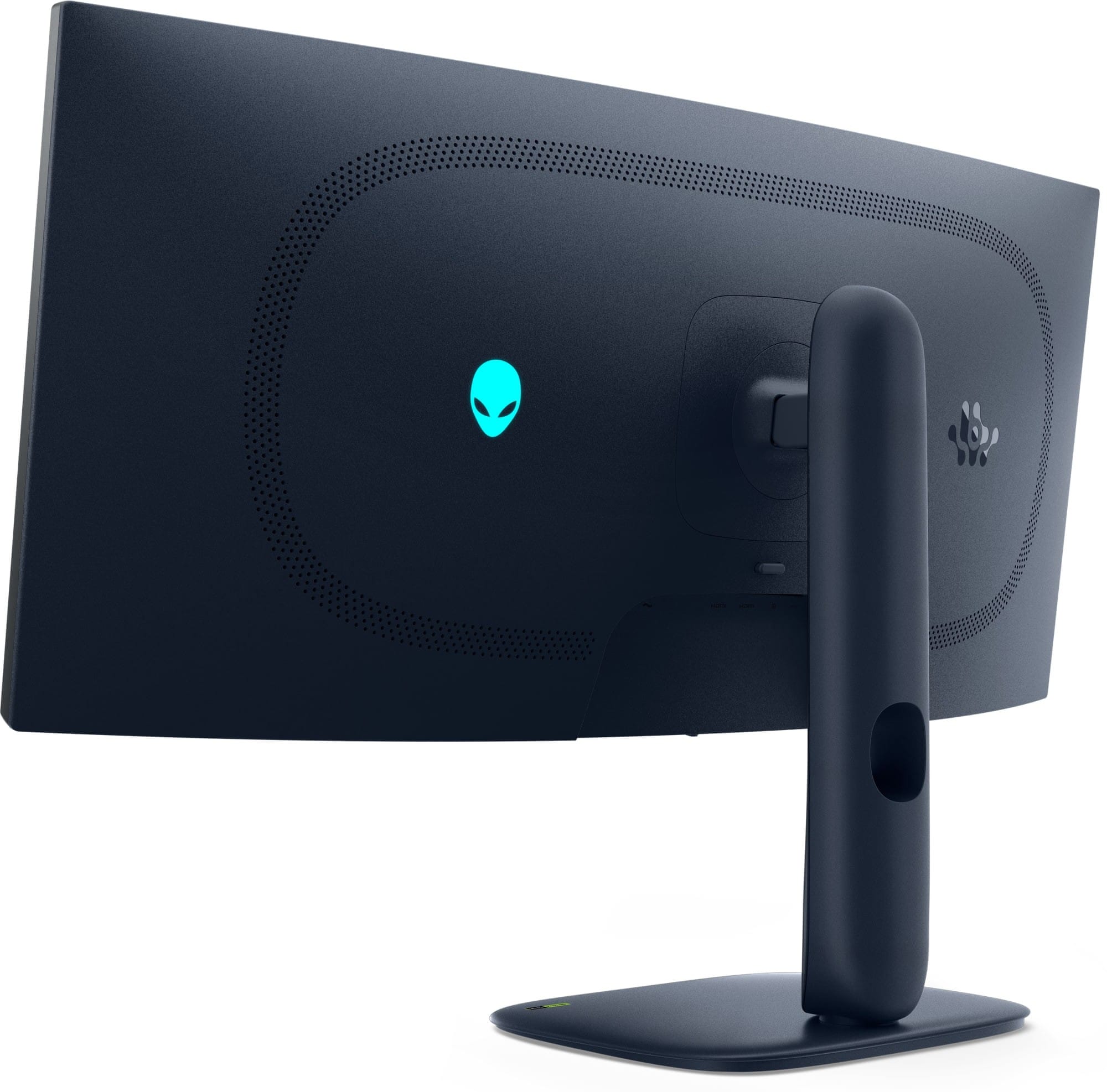 Rear three-quarter view of the Alienware AW3425DW curved QD-OLED monitor with its lit alien logo and stand