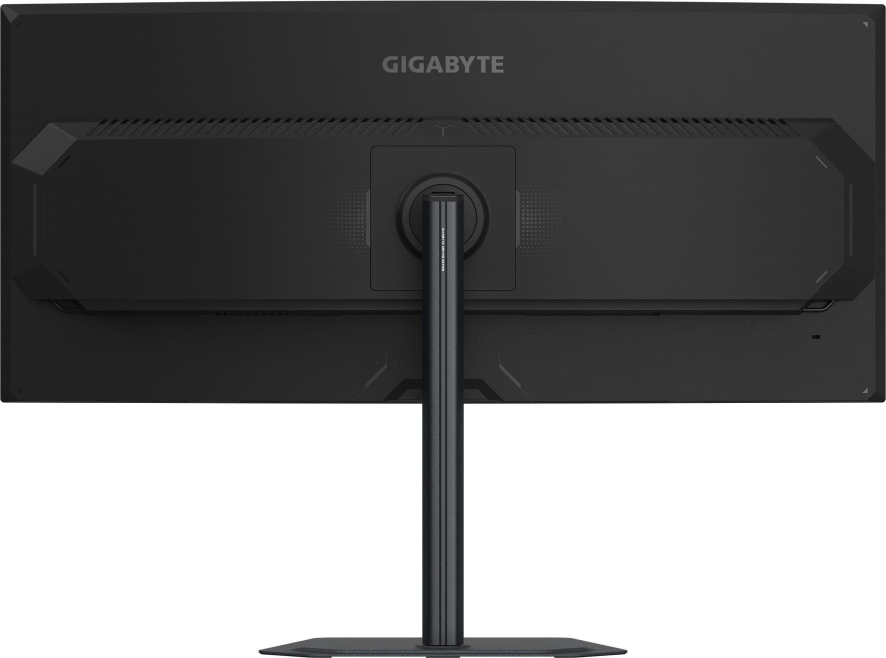 Rear view of the Gigabyte G34WQC2 34-inch ultrawide monitor, showing the Gigabyte logo, vents and stand