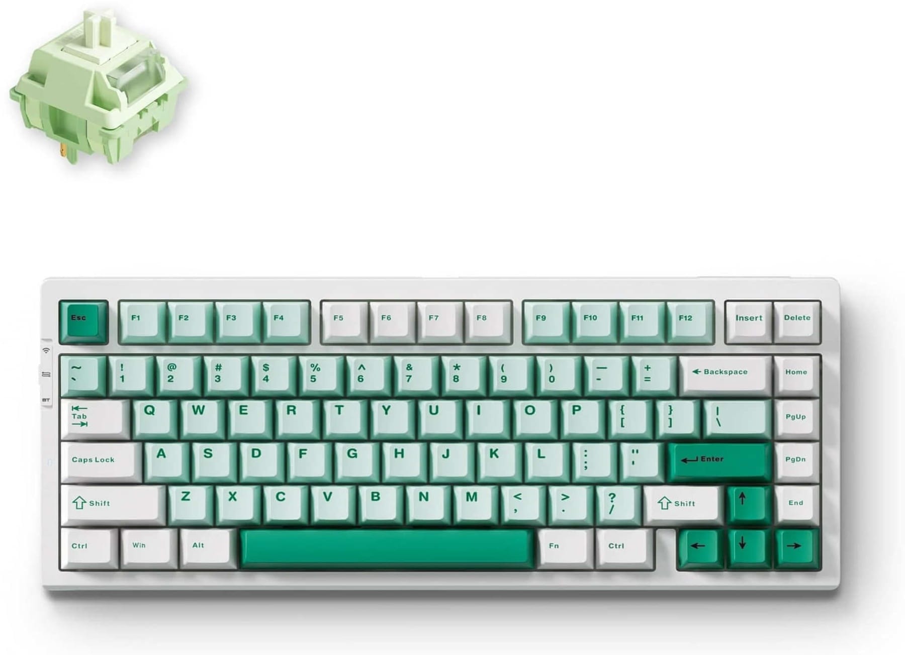 MCHOSE G75 Pro compact keyboard with an off-white case and mint, dark green and white keycaps, shown beside a loose green switch.