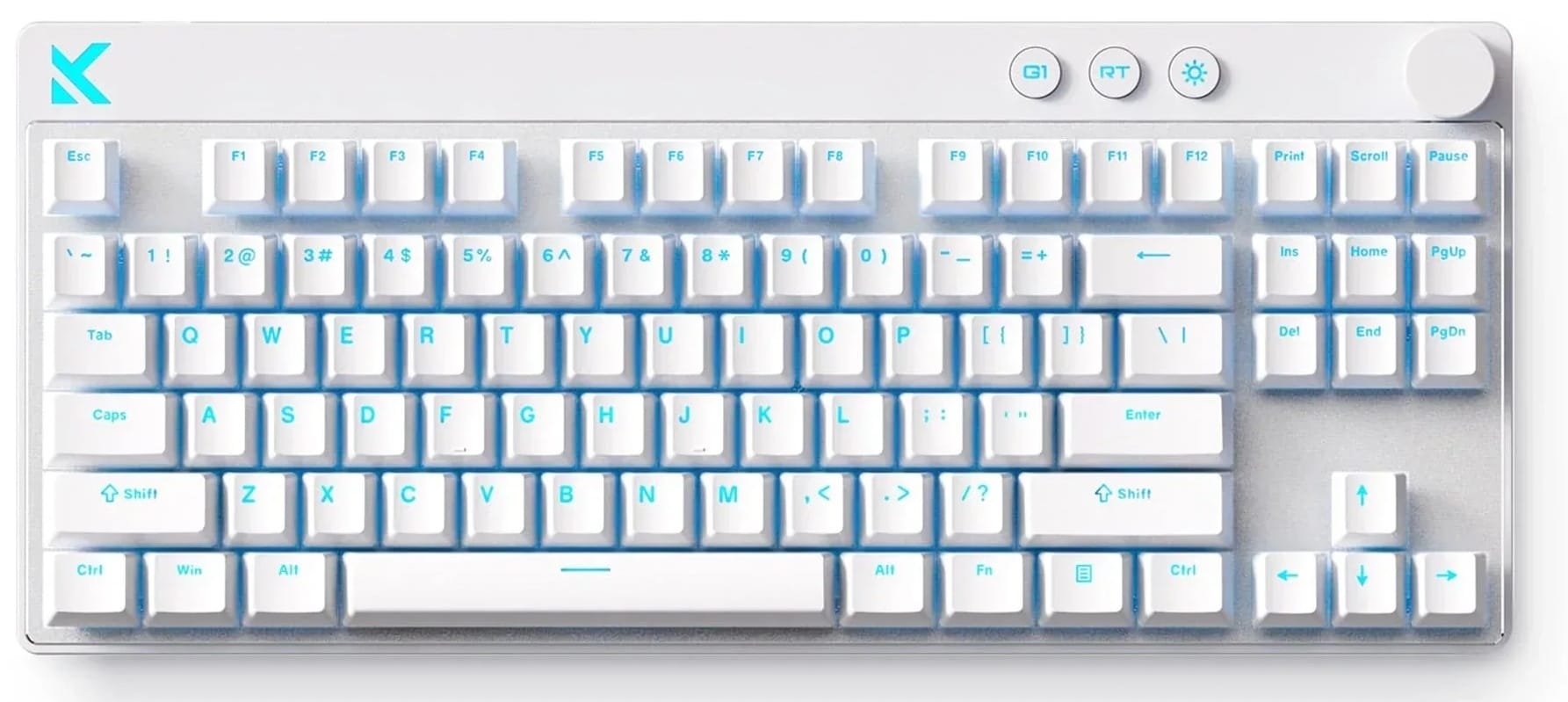 MCHOSE Mix 87 tenkeyless keyboard in white with light blue key legends, a frosted base glowing blue and a round knob in the top-right corner.
