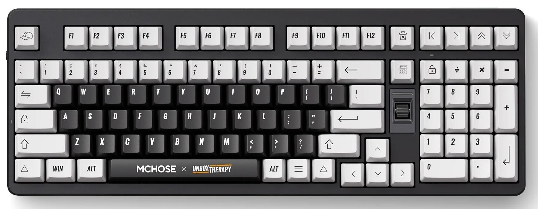 MCHOSE x Unbox Therapy UT98 keyboard with a black case, black and white keycaps, a numberpad and both brand names printed on the spacebar.