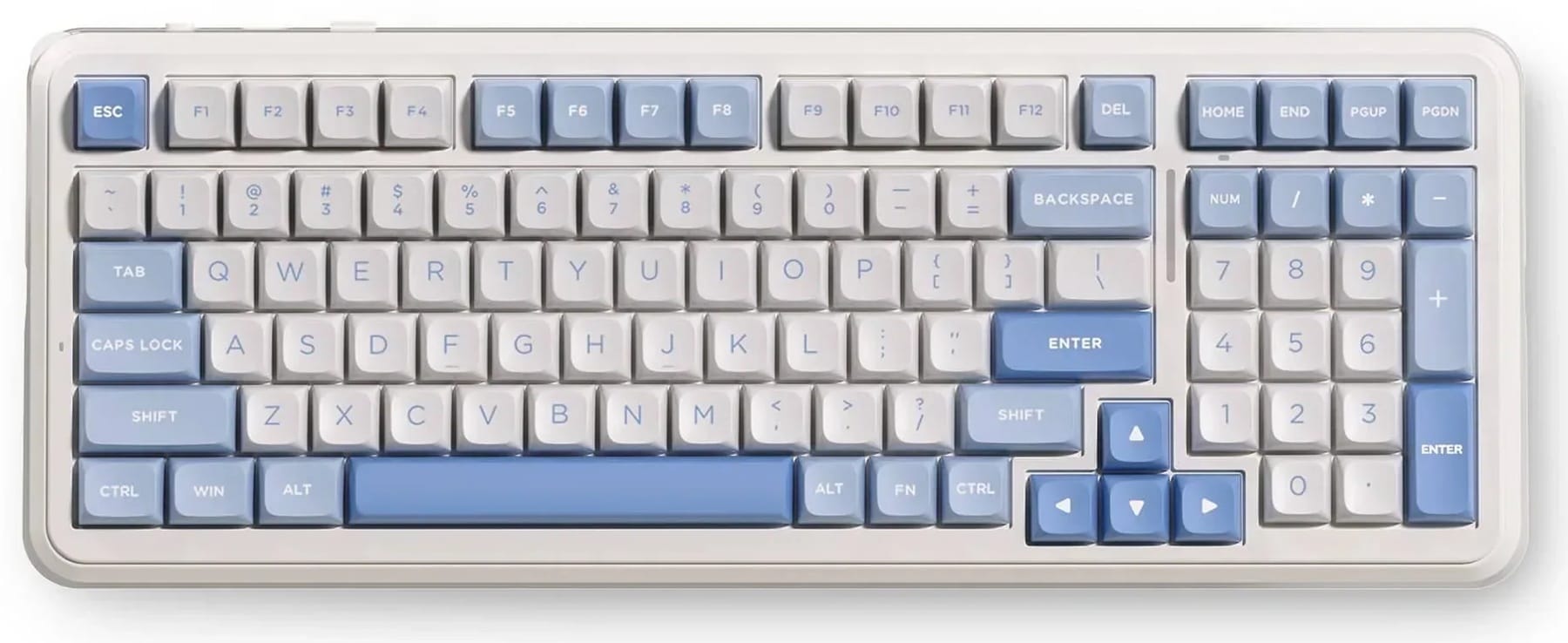 MCHOSE K99 V3 keyboard with a cream case, white keycaps and sky blue accent keys, in a compact full-size layout with a numberpad.