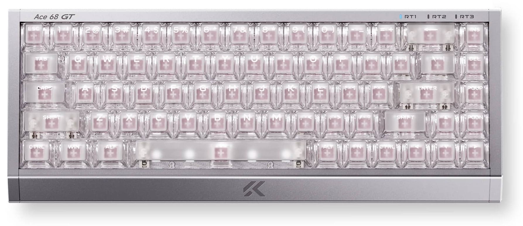 MCHOSE Ace 68 GT compact keyboard with a brushed silver aluminium case and clear keycaps showing the pink magnetic switches underneath.