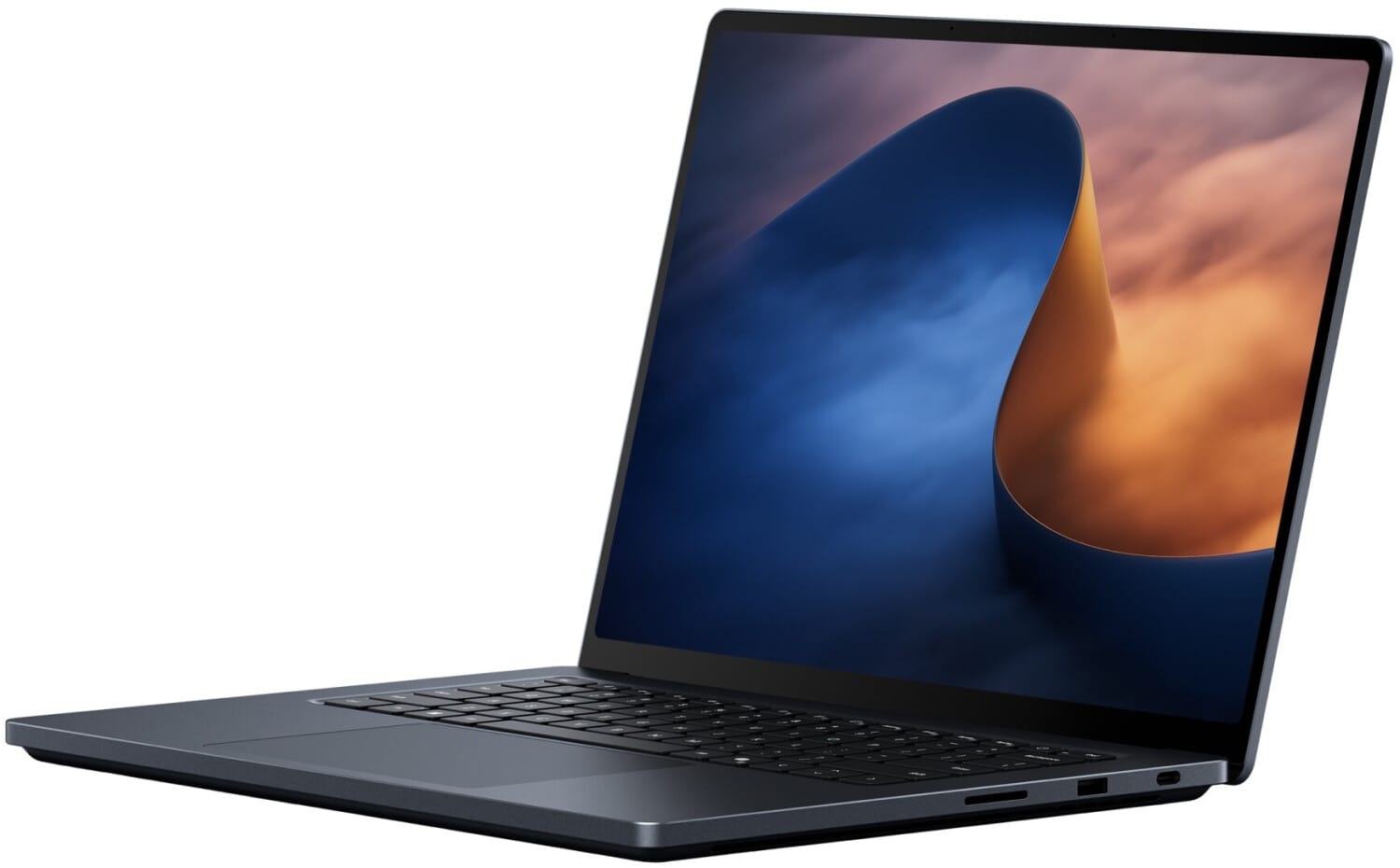 Surface Laptop Ultra in a dark finish, open at an angle to show the ports on its right side, with the blue and amber wallpaper on screen