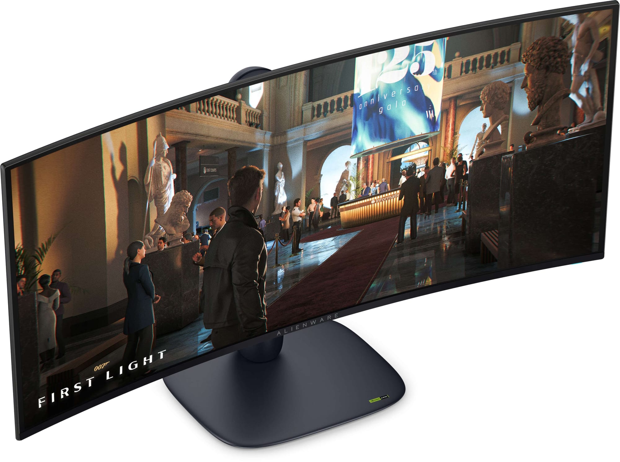 Alienware AW3426DW 34-inch curved QD-OLED ultrawide monitor from a front-left angle, showing a game scene
