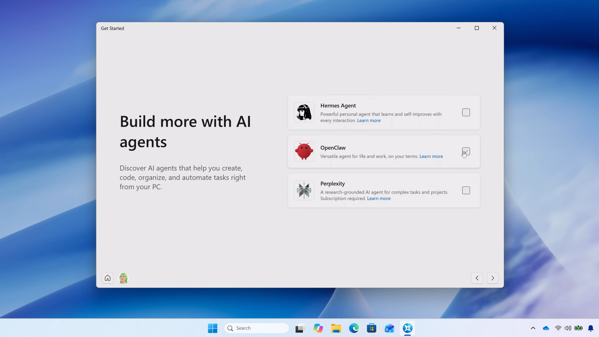 Windows 11 "Build more with AI agents" setup screen, offering Hermes Agent, OpenClaw and Perplexity to install with checkboxes