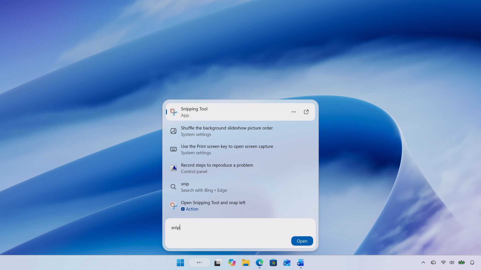 The new Windows Search with "snip" typed in, showing Snipping Tool, related settings, and an action to open Snipping Tool and snap it left
