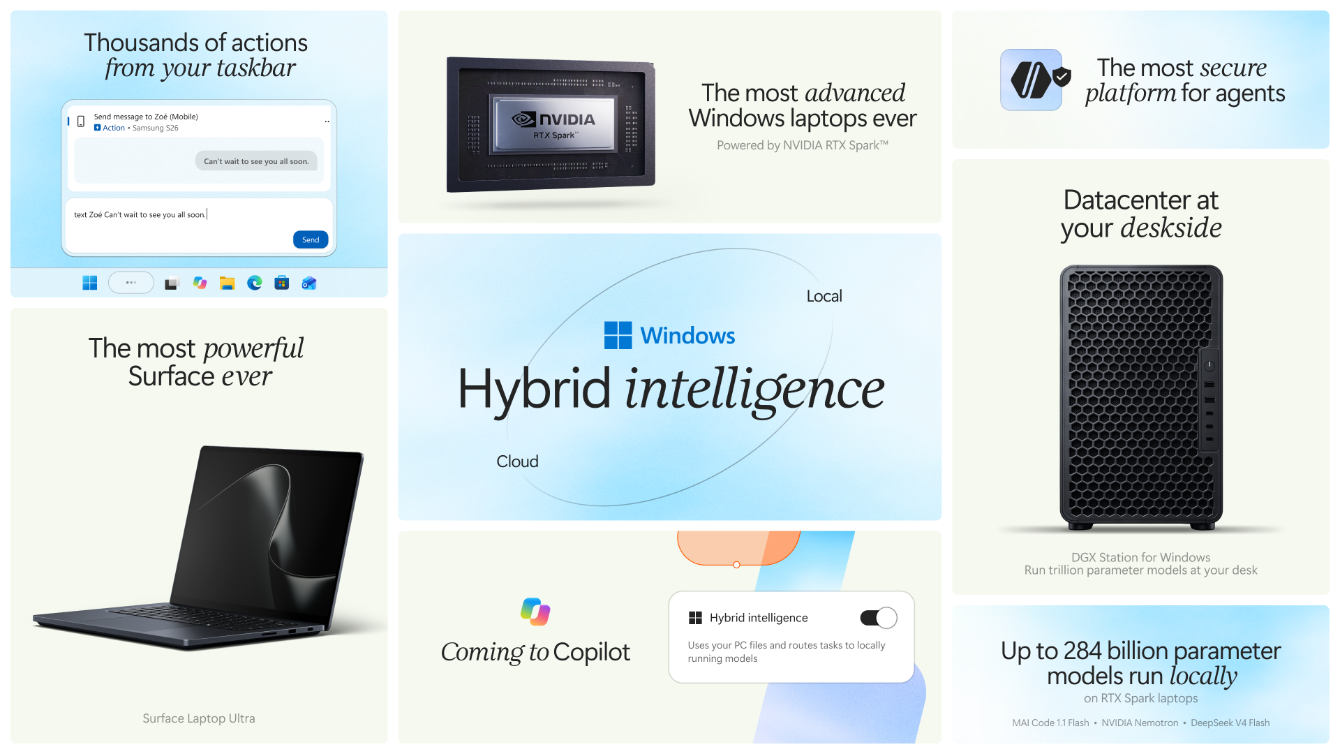 Microsoft's overview of the announcement: hybrid intelligence, RTX Spark laptops, Surface Laptop Ultra, DGX Station, taskbar actions, Copilot's local features, and local models of up to 284 billion parameters