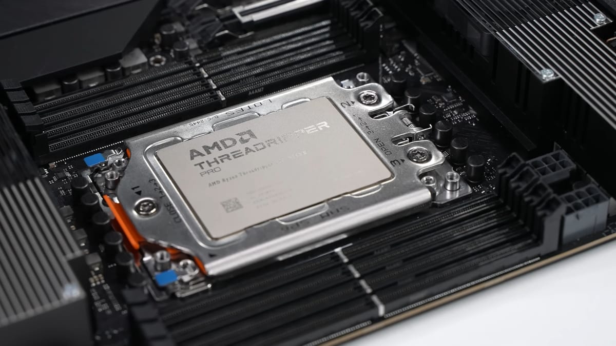 An image of an AMD Threadripper Pro CPU socketed in a motherboard.