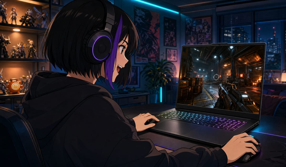 Anime-style Korean gamer playing a shooter on a rendered WootBook Core 16 Lite, with a Woot Smiley figurine on the shelf.