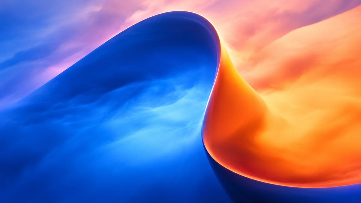 AI-generated artwork: a curving ribbon of deep blue light folding around a warm amber glow